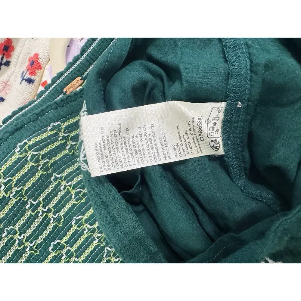 Free People Tory Embroidered Smocked Mini Dress Green Floral Size Small